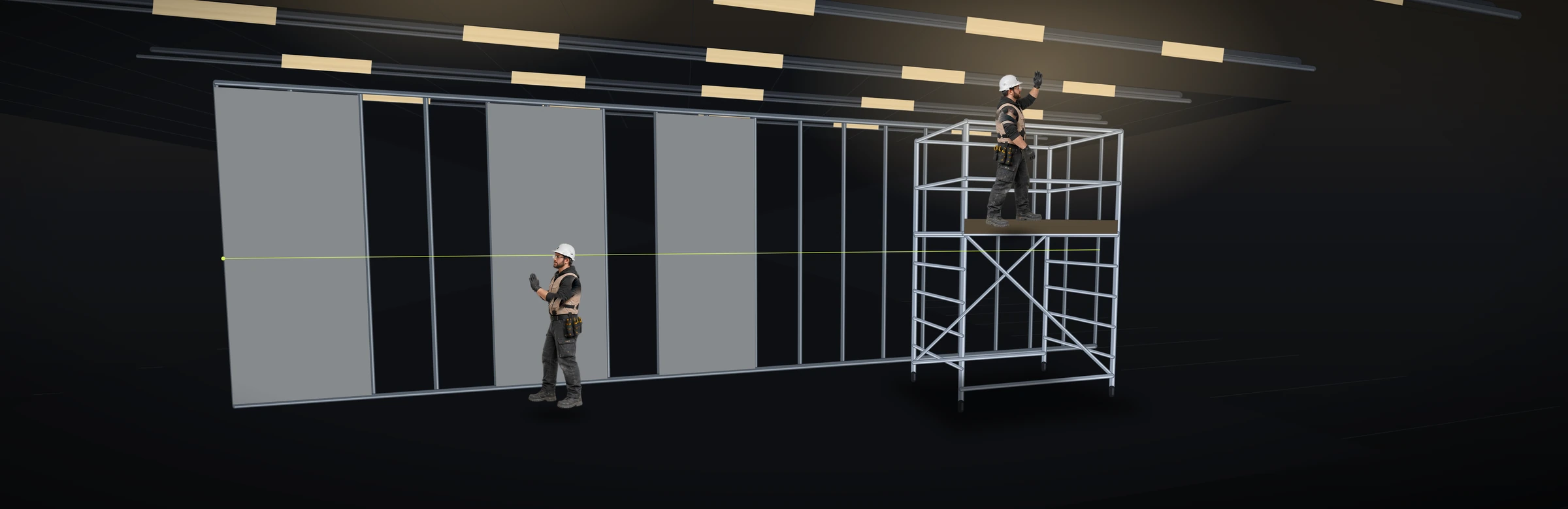 AI-изображение и 3D-концепт: коммерческое пространство, каркас, монтажник на вышке и напарник — не объект и не сотрудники компании